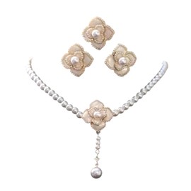Dishowme Pearl Necklace Earring Set Crystal Camellia Flower Pendant Necklace Vintage Faux Pearl Jewelry for Women Girls, Gemstone Faux Pearl, No Gemstone