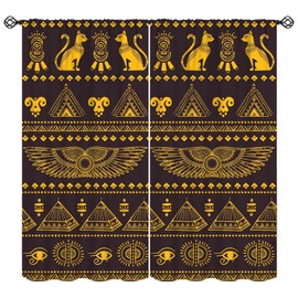 Wallira Mystic - Cortinas egipcias antiguas, tribu de gatos negros, pirámides de Egipto, historia, negro, dorado, decoración clásico, con bolsillo para barra, tratamientos de ventana para niños y