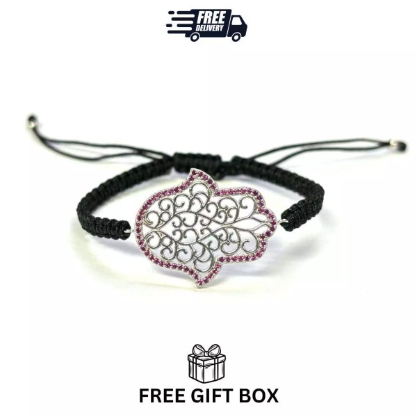 925 Sterling Silver C Z Hamsa Bracelet 6" Adjustable to