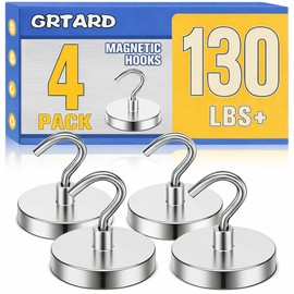 Grtard 130 LBS Magnetic Hooks Heavy Duty, 4 PackNeodymium Magnet Hooks for Hanging, Strong Magnetic Hooks Cruise Magnet with Hooks for Cruise, Grill, Towel, Kitchen Indoor Hanging (Silver)