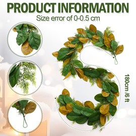 Wavwavw 6 Ft Realistic Magnolia Garland Brown and Green Magnolia Leaf Garland for Mantle Artificial Faux Fall Leaf Decoration for Fireplaces Holiday Table Party Decorations