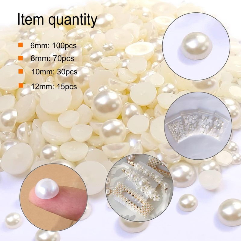 Half Pearl Beads 115pcs 3 Sizes Half Flatback Round Pearl