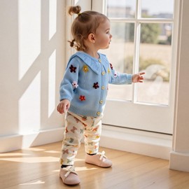 Toddler Baby Girl Cardigan Sweater Cute 3D Flower Design Long Sleeve Infant Fall Clothes Knitted Tops Blue