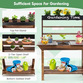 HONEY JOY Kids Potting Bench Table, Fir Wood Garden Potting Benches for Outside, Removable Sink, 4 Flower Pots, Chalkboard, Children Planting Table Work Bench, Mud Kitchen for Kids Outdoor Backyard