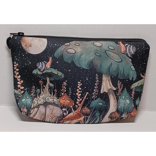 Unbranded Moon, Green Mushrooms & Snails Patterned Cosmetic Bag. 8"×5".