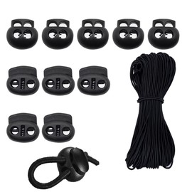 ZJYCLY Topper Draw Cord, 2 Holes, Shoelace Lock, Cord End, Drawcord (21.7 inches (550 mm) Rope + 10 Cord Ends, Black)