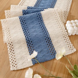 Table Runner White Macrame Boho Cotton Flax 30 x 140 cm Crochet Lace Mesh Table Runner Country House Style Washable Blue Runner Table Modern Bohemian Decoration for Kitchen Wedding Tabletop Decor