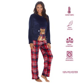INSIGNIA Ladies Bear Owl Penguin Long Sleeve Fleece Pyjamas Winter Warm Lounge Wear (UK, Alpha, L, Regular, Regular, Blue Bear)