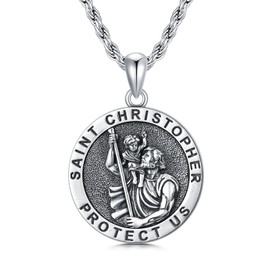 CEKAMA Saint Christopher Medal for Men Sterling Silver St Christopher Necklace for Women Round Coin Antiqued Religious Protector Talisman Pendant