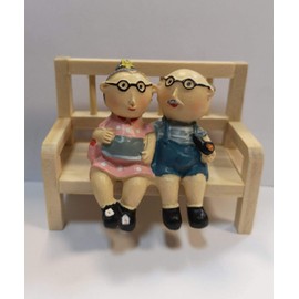 2er Set Mini bench approx. 8 cm made of wood and grandma and grandpa, approx. 6 cm figures made of polyresin, miniature craft set