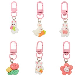 Wasise Bunny Keychain - 6PCS Cute Rabbit Keychain, Kawaii Keyring, Cute Rabbit Keychains with Flowers and Carrots, Keychains cute for Schoolbags Pendants, Bunny Charm, Rabbit Accessories, Bag Charm