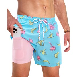 Gleeease Swim Trunks Mens 5 Inch Inseam Compression Liner Short Men Bathing Suit Lined Swimming Shorts Men's Swim Suits, Palm Banana, Medium