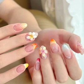 3D Flower Press on Nails Medium Almond Fake Nails with Tropical Flowers Design Colorful French Nails Glossy Acrylic Artificial Nails Summer False Nails Handmade Stick on Nails for Women