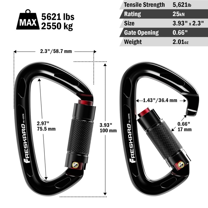 FresKaro 25kN UIAA Certified Climbing Carabiner Clips, 4inches Auto Locking,