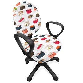 Ambesonne Sushi Office Chair Slipcover, Yummy Sushi Rolls Japanese Maki and Nigiri Food Rice and Tuna Traditional Meal, Protective Stretch Decorative Fabric Cover, Standard Size, Pink Grey