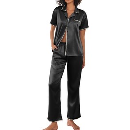 Ekouaer Silk Pajamas for Women Set Satin Two Piece Pjs Sets Ric Rac Trim Contrast Loungewear Black