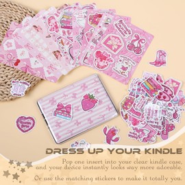 TAKEALOOKO Coquettte Insert Cardstock Paper for Kindle - 12Pcs Pink Bow Back Cover Inserts Decorating Accessories and 50Pcs Cute Stickers for Kindle E-Reader, Bookish Gift for Book Lover