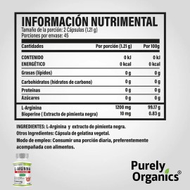 Purely Organics L Arginina Pure, Vegana, 90 Cápsulas. Purely Organics. Sabor Sin sabor