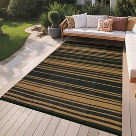 GarveeHome Outdoor Rug Mat for Patio, 9x18 Plastic Straw Rug, Modern Striped Outdoor Camping Rugs for Patio, RV, Porch, Deck, Backyard, Balcony, Camping, Trailer (Black Brown)