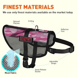 Dogline Maxaire Vest with 3D Rubber Do Not Pet Removable Patch Adjustable Harness Reflective for Puppies Small Medium and Large Dogs 30 by 38 Inch Girth Pink Camo