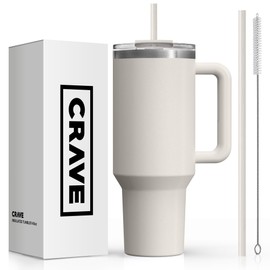 Crave Cups 40oz Tumbler with Lid and Straw l Reusable Spill Proof Double Wall Insulated Stainless Steel Water Bottle Travel Mug l Cupholder Friendly Vacuum Sealed Tumbler with Handle (Birch)