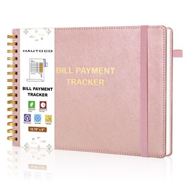 HAUTOCO Hardcover Bill Tracker Notebook Horizontal Monthly Bill Payment Organizer for Personal Budgeting Home Finance with 2 Storage Pocket Expense Checklist Tracking Planner 10.78 x 8'', Rose Gold