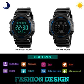 TONSHEN Men's Watch 50 m Waterproof Outdoor Military Sports Watch Plastic Bezels with Rubber Strap Watches LED Electronic Stopwatch Alarm LED Light Digital Watch Multifunction Watch