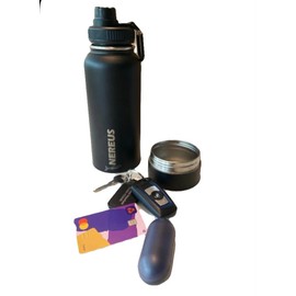 NEREUS Water Bottle with Hidden/Secret Compartment - Thermal Lined for hot and Cold Drinks (Black)