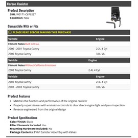 Marketplace Auto Parts Carbon Canister - Black - Compatible with 2000-2003 Toyota Camry