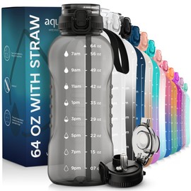 AQUAFIT Half Gallon Water Bottle With Time Marker - 2in1 Lid - 64 oz Water Bottle With Straw - Gym Water Bottle - Big Water Bottle - Reusable Water Bottles With Straw - Large Water Bottle (Gray)
