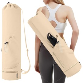 Bolsa para Esterilla de Yoga con Cordón,Bolsa para Tapete de Yoga con Correa Ajustable,con Compartimento Húmedo Impermeable y 2 Bolsillos Multifuncionales (Beige)