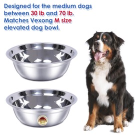 2 Pack, M Size Bowls, Matches Vexong M Size Elevated Dog Bowl Stand, for Dogs Between 30 and 70 lb, Stainless Steel Dog Bowl, Capacity 0.5 Gal / 8 Cup / 70 Oz / 2 Liter, Rustproof, Durable,