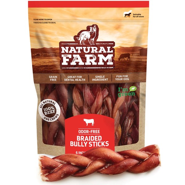 Natural Farm Odor-Free Braided Bully Sticks (6 Inch, 10 Pack) - 100% Grass-Fed Beef, Grain-Free, Low Fat & Fully Digestible Dental Treats - Safest Long Lasting Pizzle Chews to Keep Your Dog Busy