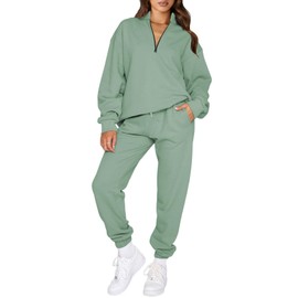 Aleumdr Womens 2 Piece Sweatsuit Sets 2025 Fall Trendy Half Zip Pullover Long Sleeve Sweatshirt Jogger Pants Outfits with Pockets Lighter Weight Green XX-Large