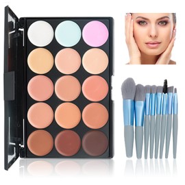 WishesMar Concealer Palette Colour Corrector Dark Circles Fit You Make Up Camouflage Concealer 15 Shades Colour with 8 Sticks Makeup Brush for Daily and Professional Make-Up #A