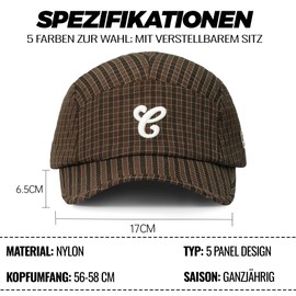 CLAPE 5 Panel Baseball Cap Baseball Cap Men Women Quick Drying Baseball Cap Checked Sun Hat UV Protection Adjustable Classic Curved Brim Outdoor Sports Cap, BSAC2569-Brown, Unit size