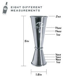 In High Spirits Japanese Jigger - 2oz/1oz Stainless Steel Cocktail Jigger with 7 Interior Measurements - Durable, Professional Grade Bartending Tool for Home Bar & Commercial Use