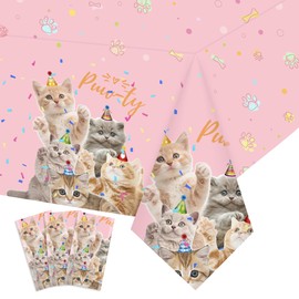 SKEPHWSKA 3 Pack Cat Party Tablecloth Cat Party Table Cover 54 x 108 Inch Cat Plastic Tablecloth Kitten Birthday Party Table Cover for Kids Birthday Baby Shower Party Decorations Supplies Pink
