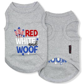 Parisian Pet 4th of July Dog T-Shirt - Embroidered Red White and Woof 100% Cotton, Independence Day Dog Shirt - Breathable Dog Clothes - Grey Sleeveless Dog Shirts for Large Dogs - Pet Vest - XL