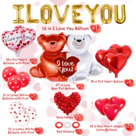 55 Pack Valentine's Day Balloons with 1000 Pcs Silk Rose Petals - I LOVE YOU Balloons, Heart Balloons, Love-Bear Balloons for Anniversary Valentine Day, Romantic Decorations Special Night for Bedroom