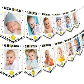 1st Birthday Photo Banner - One Happy Dude Birthday Decorations, 12 Month Photo Banner, Baby First Birthday Banner, Diy Photograph Garland Bunting Happy Smile 1st Birthday Banner Yellow For Boy Girl