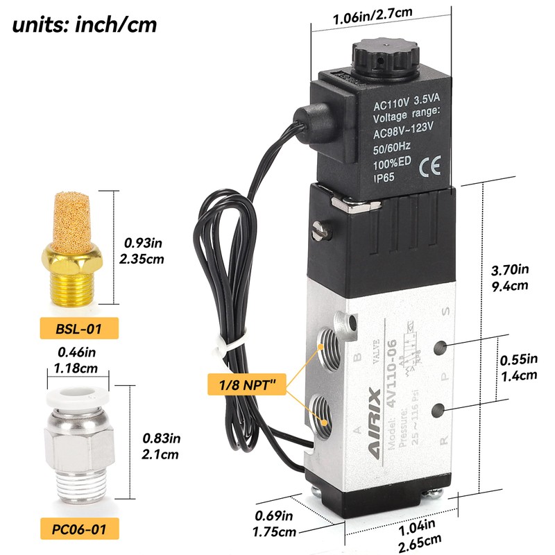 AIRIX 4V110-06 Pneumatic Solenoid Valve AC110V, 2 Position 5 Way,