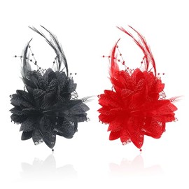 2pcs Fabric Rose Hair Clips, Flower Hair Accessories, Feather Hair Clips, Women Hair Clips, Women Feather Hair Clips, Fashion Party Hair Accessories (Black, Red)
