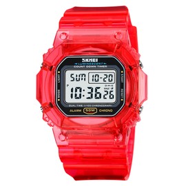 Gosasa Outdoor Sport Unisex Watches Back Light Digital Watches Transparent Multifunctional Wristwatch Casual Style Stopwatch Date 5Bar Waterproof (Red)