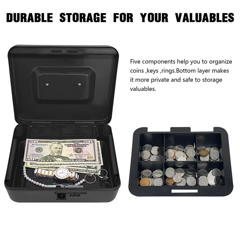 Secure Steel Cash Box with Combination Lock and Removable Tray
