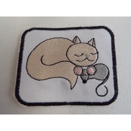 Handmade Cream Sleeping Cat and Mouse Embroidered Iron On Patch