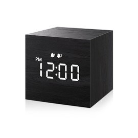 JALL Digital Alarm Clock, with Wooden Electronic LED Time Display, Dual Alarm, 2.5-inch Cubic Small Mini Wood Made Electric Clocks for Bedroom, Bedside, Desk, Black