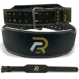 R2F Weight Lifting Belt Gym Workout, Cow Hide Leather 4’’ Padded Lumbar Back Support, 10 Adjustable Holes, Weightlifting Powerlifting Bodybuilding Deadlift Squat Workout
