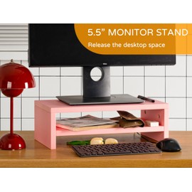 Pink Monitor Stand, Monitor Riser Wood, Wood Monitor Stand, Wooden Monitor Riser for Monitors/Laptop/PC Desk Risers for Monitors Standing, 2 Tier Monitor Stand, Desk Shelf for Desktop 2-Tier Pink