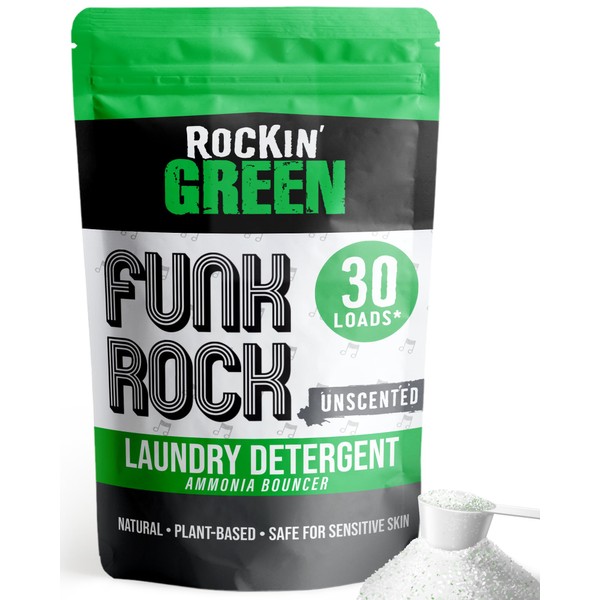 Rockin' Green Laundry Detergent, Plant based, All Natural Laundry Detergent Powder, Vegan and Biodegradable Odor Fighter, Safe for Sensitive Skin (Funk Rock Ammonia Bouncer 30 Loads - Unscented)